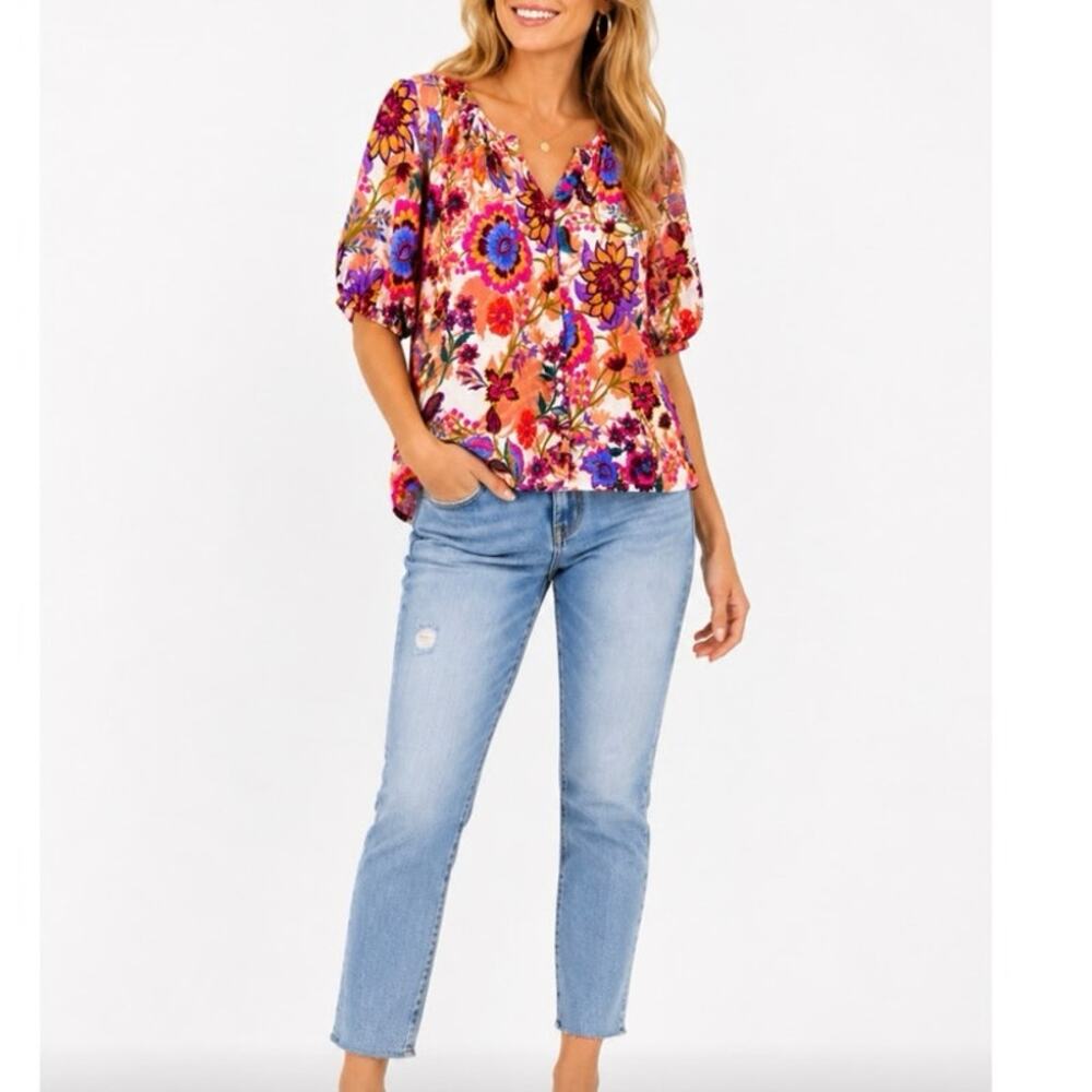 Liverpool Los Angeles Floral Boho Peasant Blouse Top Pink Orange Size L
